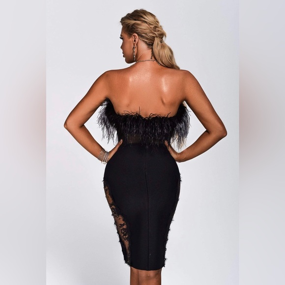 Black Strapless Ostrich Feather Trim Mini Dress with Lace Mesh Side Panels - Picture 4 of 8